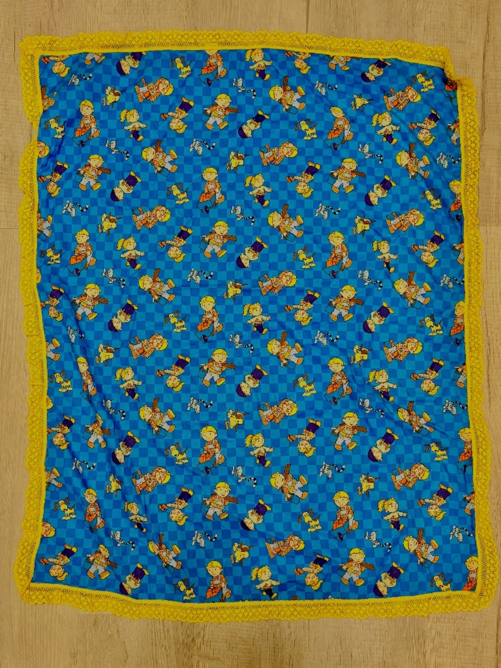 Vintage Bob the Builder Handmade Baby Blanket 2002 Blue Cotton Yellow Lace Trim